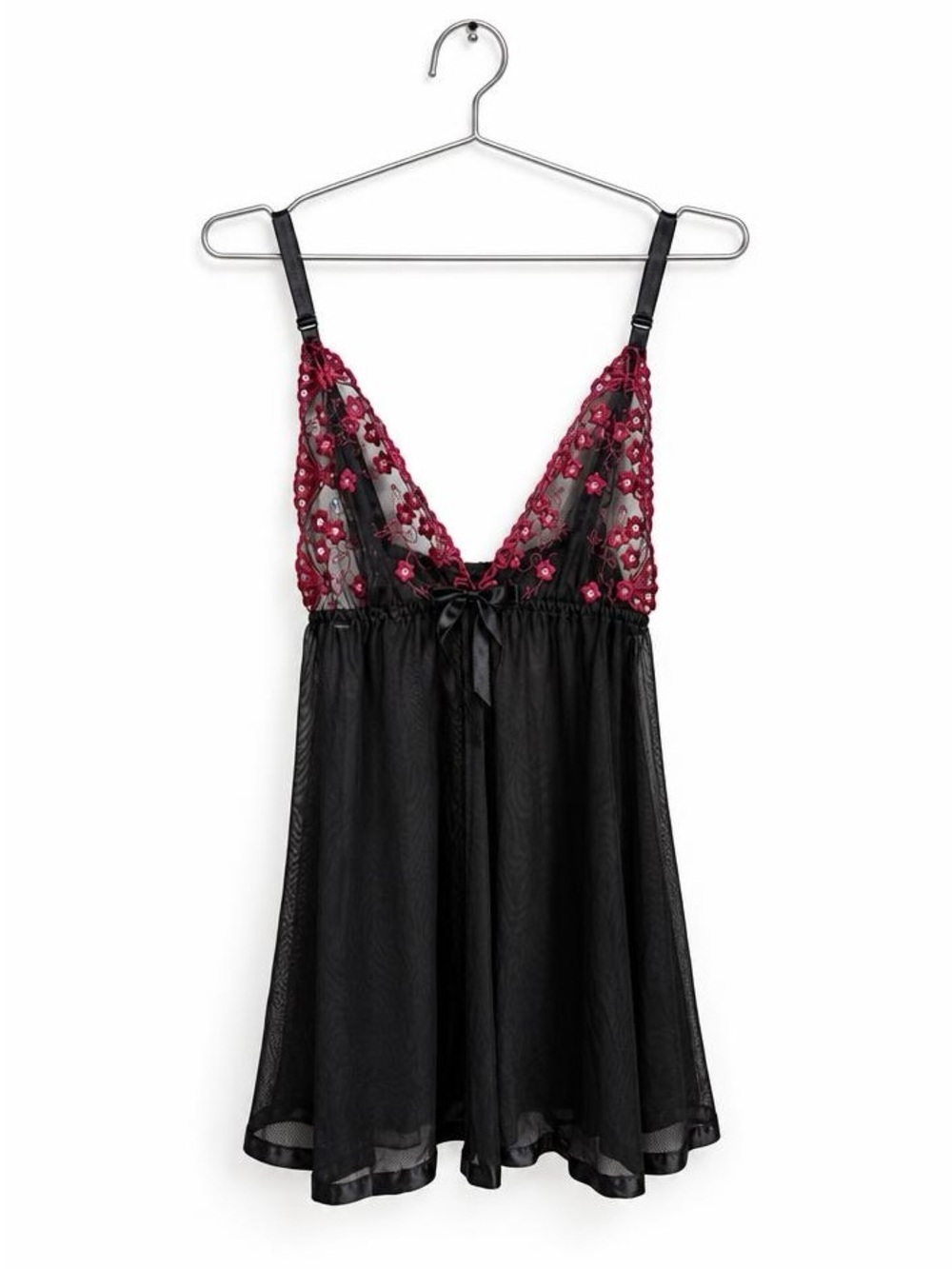 Sheer Black Babydoll Nightdress with Burgundy Floral Lace